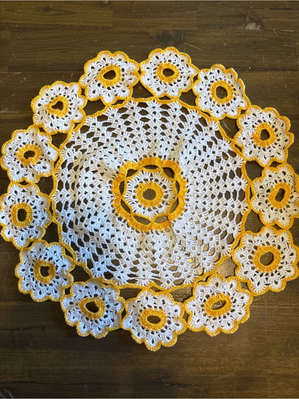 Vintage Handmade Crochet Doily Daisy Floral Lace Yellow White 15 in Cottagecore